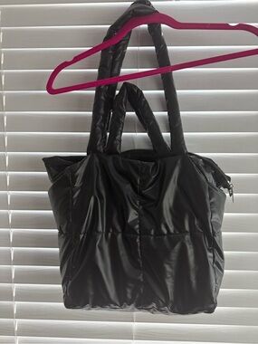 Black Puffer Tote Bag - Lightweight Quilted Shoulder Bag like new except 2” tear